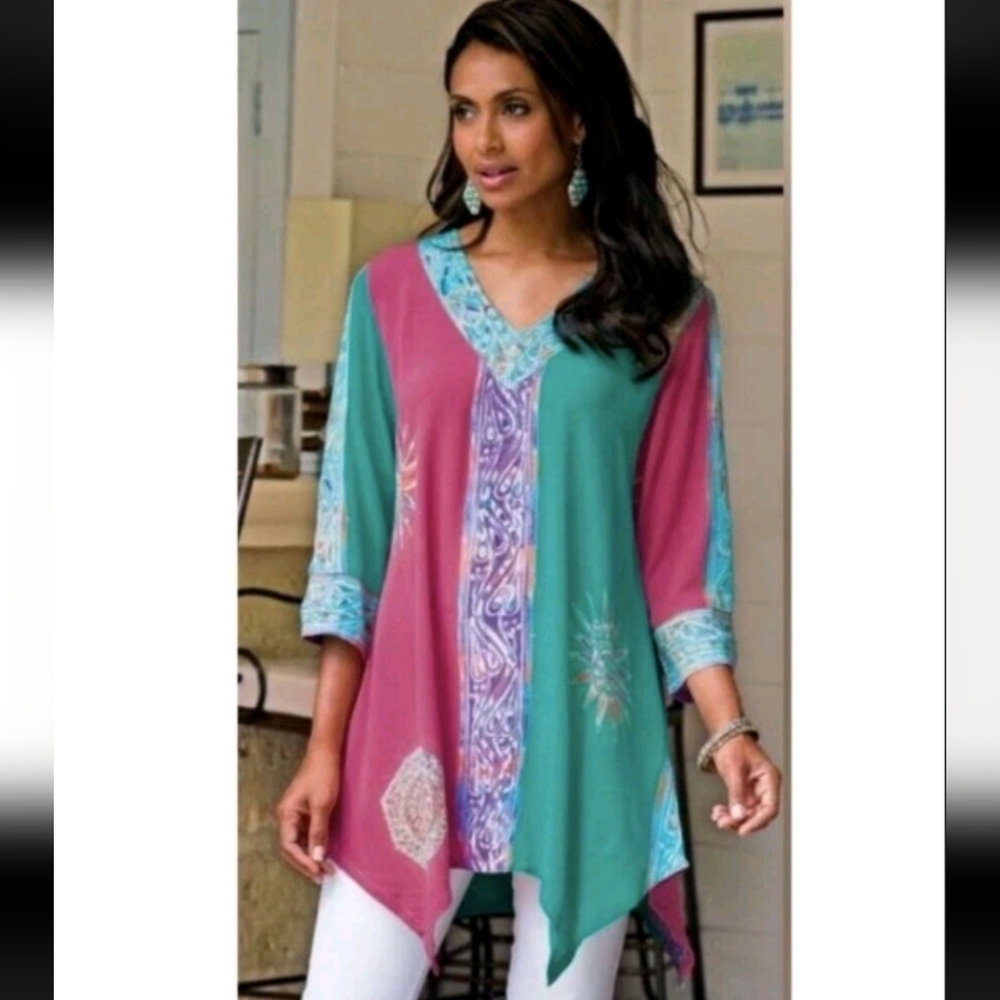 SOFT SURROUNDINGS 3X Mystic Batik Crinkle Gauze V-Neck Teal Tunic Top Boho
